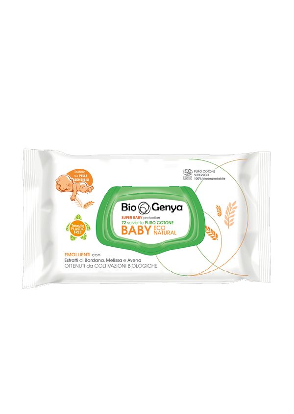 Salviettine umidificate Biogenya Baby Eco Natural formula biologica in puro  cotone super soft, 100% biodegradabili. Confezione pop-up 72 pz.